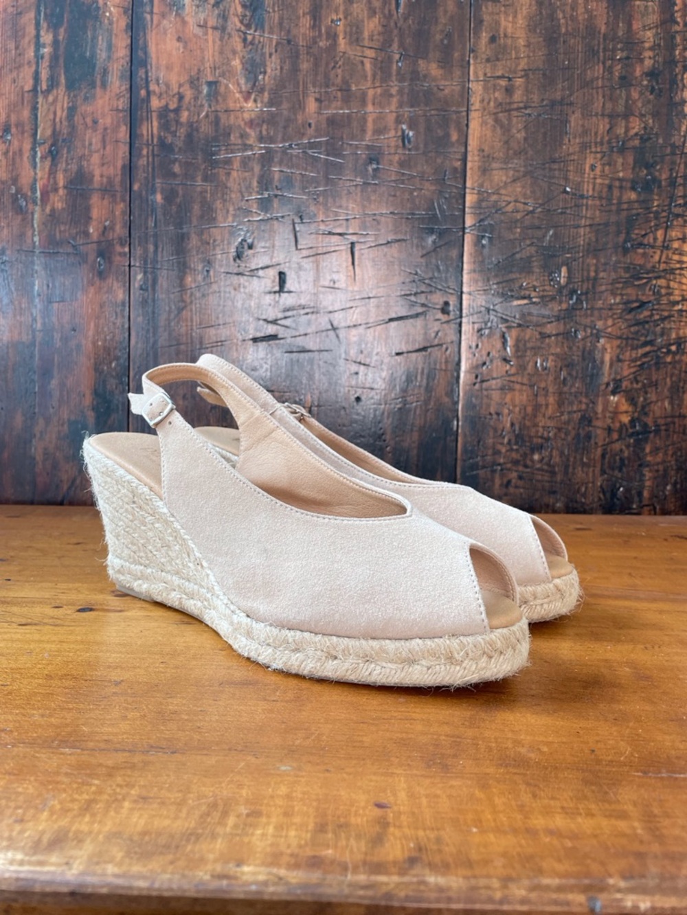 Paseart Spain Beige Suede Espadrille Wedge Sandals Slingback Peep Toe US 9.5